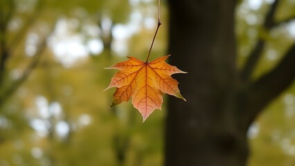 amalgam. A maple seed spiraling down against a blurred forest backdrop. representing seasonal cycles and harvest abundance, gardening catalogs, designed for gardening and botanical catalogs.