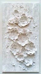 A detailed, monochromatic artwork featuring layered white paper flowers and leaves with a textured, wavy background.