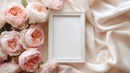 White frame background, the middle of the page is an empty white photo frame surrounded by pink roses and soft cream silk fabric.