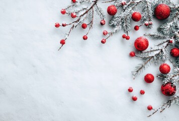 White snow background with Christmas tree branches and red ornaments on the right edge, top view. Flat lay.