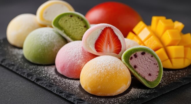 Assortment of colorful mochi with fresh fruit fillings on a dark platter, a delightful Japanese dessert