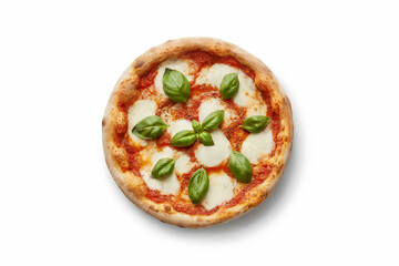 Delicious margherita pizza with fresh basil and mozzarella on a white background