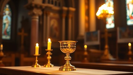 pyx. Golden pyx on church altar illuminated by warm candlelight, shallow depth of field. event programs, museum guides, designed for cultural heritage projects and event programs.