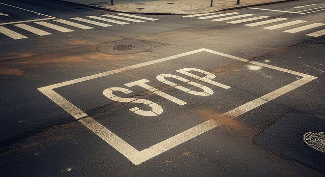 Stop Sign Painted on a Road at Intersection Viewed From A Bird's-eye Perspective