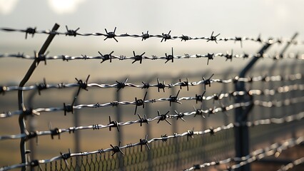 entanglement. Layers of barbed wire forming impenetrable barrier, sharp metallic texture, industrial security. safety posters.
