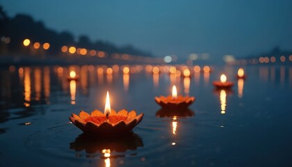 Image shows floating diyas on water at night. Lit candles reflect in water creating beautiful bokeh effect. Religious lamps on river symbolize spirituality and celebration in India.