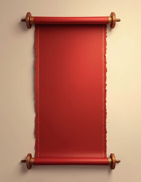 Red scroll with gold trim and ornate ends hangs on wall. Blank aged parchment paper waits for message. Vintage document design element, copy space.