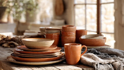 A rustic collection of handcrafted ceramic dinnerware in warm earthy tones, including plates, bowls, and mugs, on a wooden table.