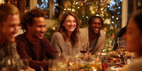 Diverse friends in cozy sweaters laugh around festive dinner table with wine, food, candles under glowing Christmas tree lights. Warm holiday gathering, joyful celebration of friendship.