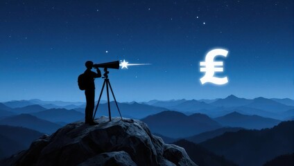 Man with telescope looking at pound symbol in night sky over mountains.