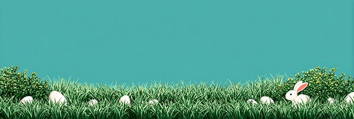 Cute Easter background featuring green grass, hidden eggs, and a small white bunny peeking with copy space, perfect for banners, and spring holiday designs.