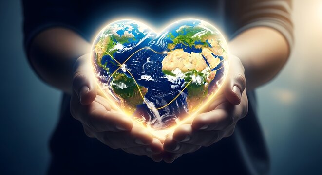Hands cradling a glowing earth shaped like a heart symbolizing global care - Powered by Adobe