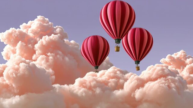 Three red hot air balloons are flying in the sky above a pink cloud. The balloons are positioned at different heights, with one closer to the bottom, one in the middle, and the third one higher up