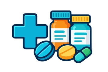 A colorful flat illustration of medical theme, featuring a cross, pill bottles and pills, representing healthcare, medication, and treatment.	