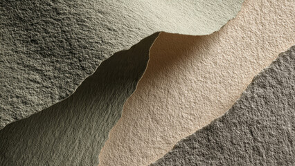 Dynamic abstract composition of layered, rough-textured surfaces in natural green, beige, and grey, creating organic shapes and shadows.