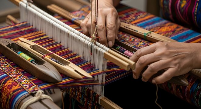 Traditional weaving process with hands skillfully crafting a colorful textile on a loom