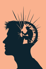 Surreal silhouette illustration of a man’s head showing an inner worker carving within the mind, symbolizing self-discovery, inner transformation, healing, and personal growth.