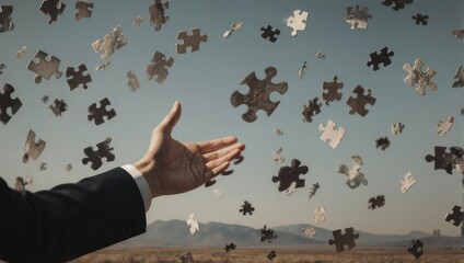 Hand Reaching for Puzzle Pieces Floating in the Sky.
