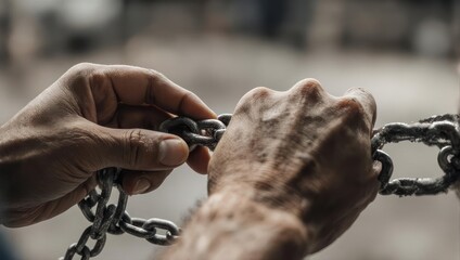 Close up of hands struggling to break free from heavy metal chains.