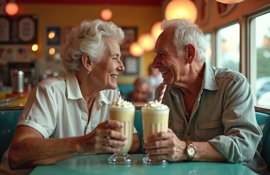 Senior couple at retro diner drink milkshake. Old man and woman smile, look with love in vintage cafe. Grandparents share sweet dessert in restaurant. Relationship goals and togetherness