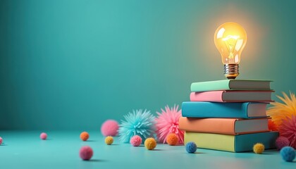 Stack of colorful books supports glowing light bulb. This symbolises education, new ideas and creative learning. Bright concept for inspiration and innovation.