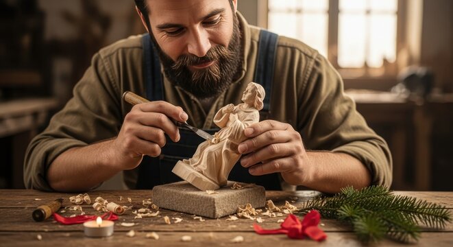 Focused bearded craftsman carving a wooden figurine with a chisel in a warm workshop setting.