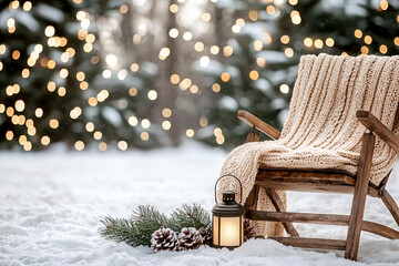wooden deck chair with a beige knitted blanket in snow next to a glowing vintage lantern, pine cones, and bokeh lights on evergreen trees. cozy winter holiday atmosphere