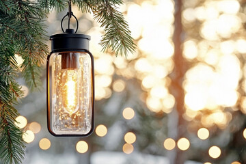 Snowy street lantern and fir branch with warm golden bokeh lights on a blurred christmas city street background. Festive winter holiday  