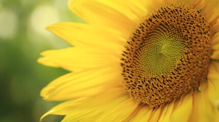 Closeup of a sunflower showcasing its vibrant yellow petals and intricate center, with a soft, blurred green background, evoking a sense of tranquility