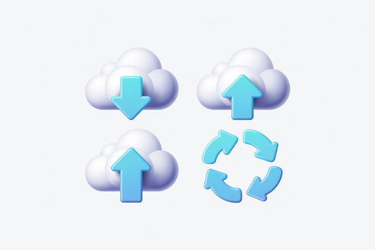 A 3D illustration of four cloud computing icons arranged in a 2x2 grid against a white background. - Powered by Adobe