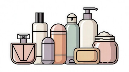 “Flat Illustration of Cosmetic and Skincare Bottles Set – Beauty Product Containers, Lotion, Cream, Shampoo, Perfume – Minimal Clean Vector Design”