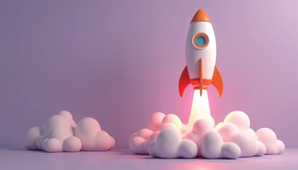Obraz premium Cartoon rocket launches into sky with orange fins and clouds below. White spaceship ascends with bright fire from engine. Exciting start concept for new project or business.