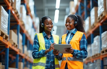 Two African women use tablet at warehouse store. Smiling staff works in safety vests and headphones near the product shelf. They make audit and stocktaking inventory with digital device.
