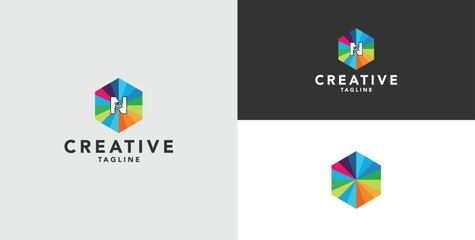 Obraz premium Digital colorful abstract icons, elements and symbols with initial N logo, template