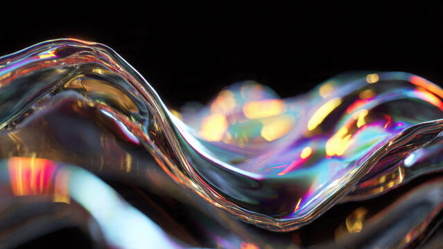 Abstract fluid art with shimmering iridescent waves, reflecting a vibrant spectrum of holographic colors against a deep transparent background.