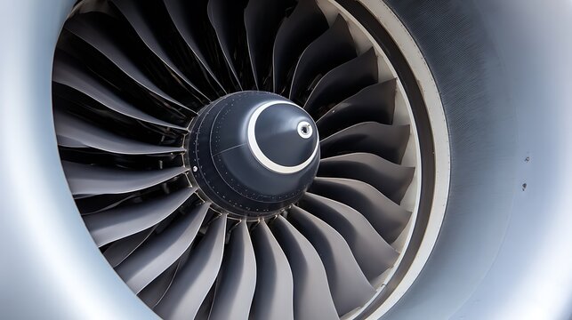 Closeup of a jet engine turbine with visible fan blades, showcasing the intricate engineering and powerful technology behind modern aviation