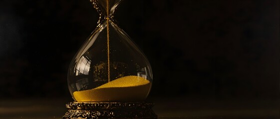 Elegant hourglass with yellow sand flowing on a dark background, symbolizing time, deadlines, and countdown concepts, with ample copy space for text or design use.