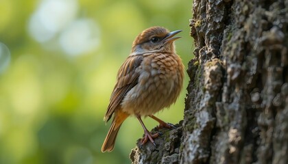 Red-backed shrike bird on a tree branch, a small orange and black wild animal in nature's beautiful spring forest