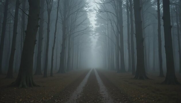 Misty forest road with sunlight filtering through the autumn trees - Powered by Adobe