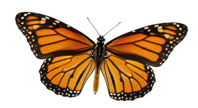 Isolated monarch butterfly with open wings in high angle studio shot showing wing details