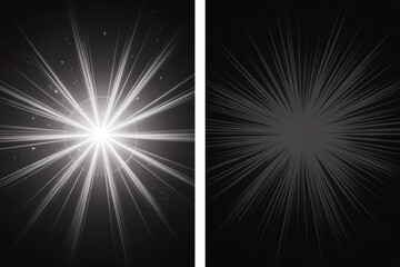 A black and white radial burst effect split into two panels.