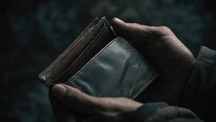 A person's hands clutch an open, worn leather wallet, revealing its emptiness. The image conveys financial hardship, poverty, and a lack of money.