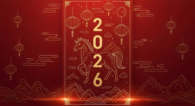 Chinese New Year 2026 illustration year of the horse with traditional lanterns and clouds on a red background festive design