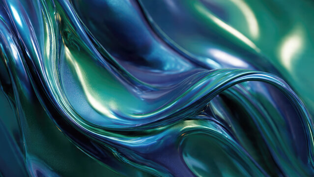 Vibrant, flowing metallic material in iridescent blues and greens. Dynamic waves and reflective surfaces create an abstract, liquid aesthetic.