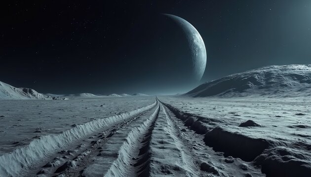 Tire tracks stretch across alien moon surface under dark starry sky. Huge crescent planet hangs above horizon. Rocky terrain, distant craters create desolate cosmic landscape. Represents space