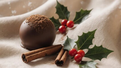 Festive Chocolate Truffle with Cinnamon and Holly Berries.