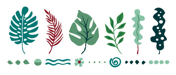 Flat design, vector illustration, seamless pattern of jungle leaves in a hand drawn wacky cute style in shades of green with a touch of red
