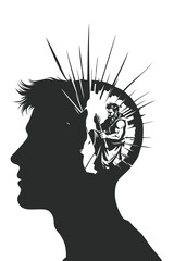 A surreal illustration of a man’s profile revealing a sculptor working inside his mind, symbolizing inner transformation, mental resilience, self-discovery, and the rebuilding of personal identity.