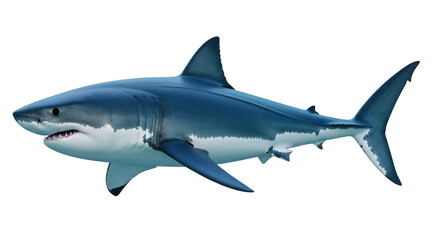 Isolated predatory ocean great white shark, side view swimming in sea, apex predator, wild ocean