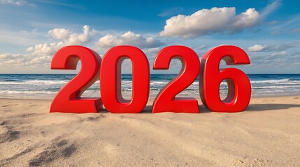 Red 3D 2026 Numbers on Sunny Sandy Beach with Ocean and Sky Background
